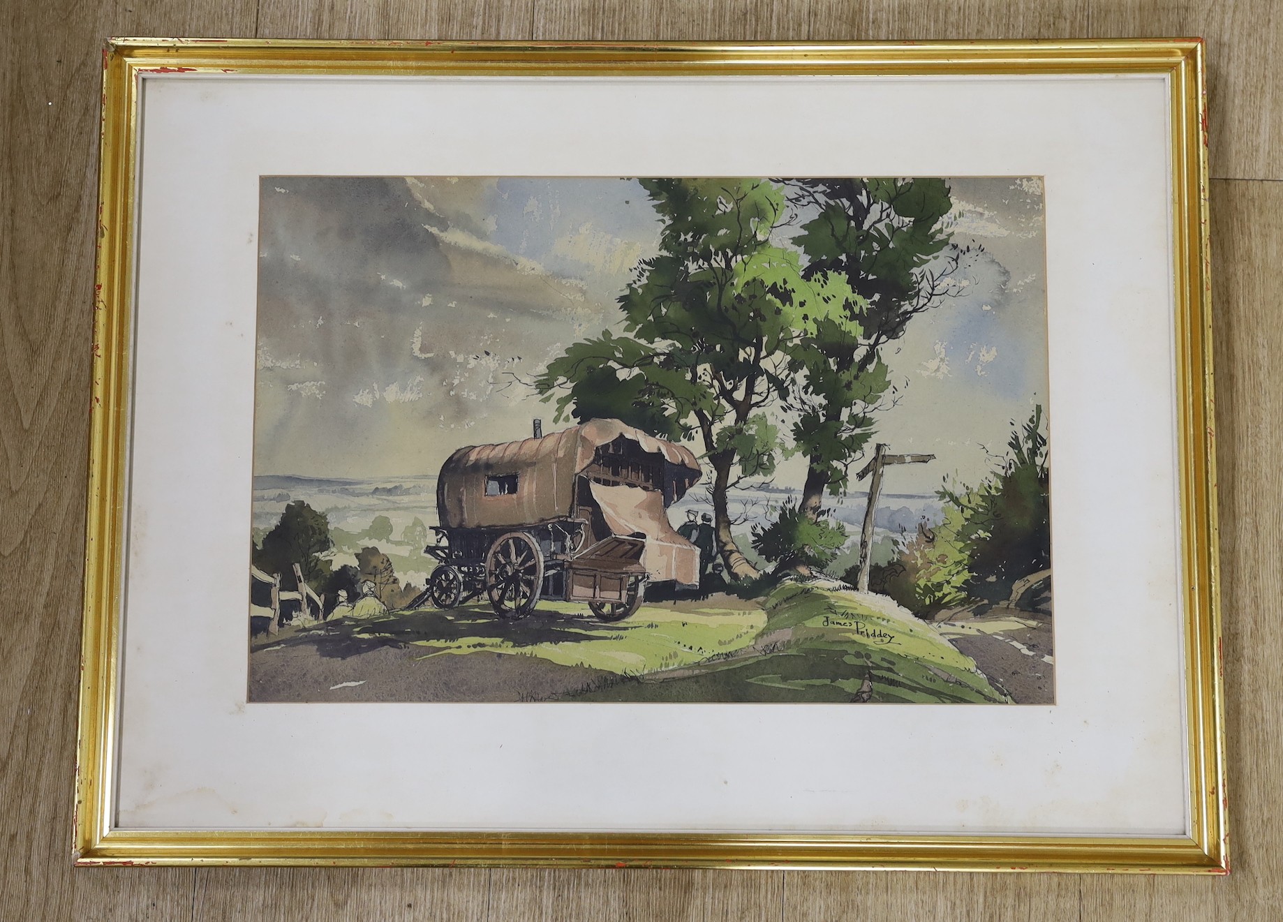 James Priddey, R.B.S.A., P.P.R.B.S.A., F.R.S.A., (1916-1980), ink and watercolour, Gypsy caravan on Bredon Hill, Worcestershire, signed, 33 x 50cm